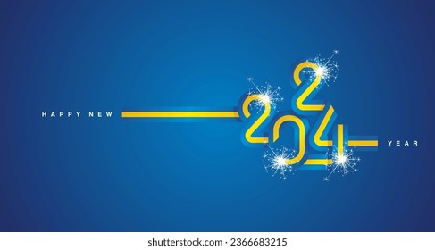 2024 New Year continuous ribbon in the shape of 2024. Abstract blue yellow flag of Sweden in the shape of 2024 logo with sparkle firework for calendar, banner, poster, social media post