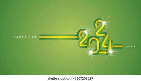 2024 Neujahr kontinuierliches Band in Form von 2024. Abstrakte grüne gelbe Flagge Brasiliens in Form des Logos von 2024 mit funkelndem Feuerwerk für Kalender, Banner, Poster, Social-Media-Post