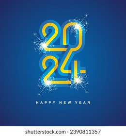 2024 Neujahr kontinuierlich Schweden Band. Abstrakte blaugelbe Flagge Schwedens in Form des 2024-Logos mit funkelndem Feuerwerk. Vorlage für das neue Jahr