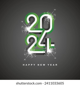 2024 Cinta continua de Año Nuevo de los Emiratos Árabes Unidos. Resumen de la bandera negra blanca y verde de los EAU en la forma del logo de 2024 con fuegos artificiales brillantes. Plantilla de concepto de Año Nuevo