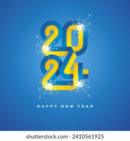 2024 New Year continuous Ukraine ribbon. Abstract blue yellow flag of Ukraine in the shape of 2024 logo with sparkle firework. New Year concept template