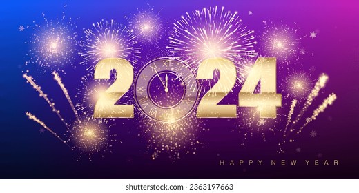 2024 New Year countdown. Holiday banner with fireworks and snowflakes. Gold numbers and holiday clock. Explosion of fireworks on new years eve. Vector illustration