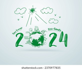 2024 new year creative drawing happy family environmental eco-friendly ideas concept, Vector illustration layout template design