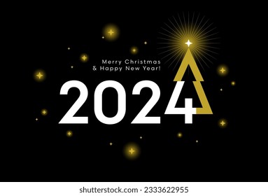 2024 New Year creative greeting card or banner design with number 4 looking like a Christmas tree on black background.