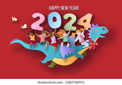 Tarjeta de diseño de Año Nuevo 2024 con niños volando en dragón sobre fondo morado. Ilustración artística de papel vectorial. Cortado de papel y estilo artesanal. 2024 año del dragón.