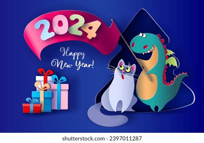 2024 New Year design card with funny cat and dragon on purple background. Vector paper art illustration. Paper cut and craft style. 2024 year of the dragon. Hand drawn.