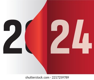 2024 new year design with page flip effect. end of 2023 and beginning 2024 design red vector.