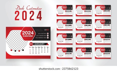 2024 new year desk calendar design template, Modern and nipque layout desk calendar set of 12 month. week starts on Sunday.