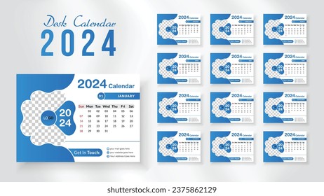 2024 new year desk calendar design template, Modern and nipque layout desk calendar set of 12 month. week starts on Sunday.