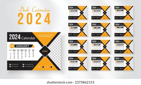 2024 new year desk calendar design template, Modern and nipque layout desk calendar set of 12 month. week starts on Sunday.