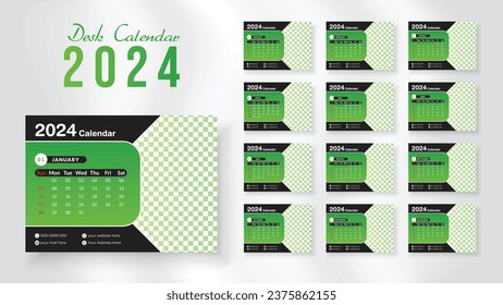 2024 new year desk calendar design template, Modern and nipque layout desk calendar set of 12 month. week starts on Sunday.