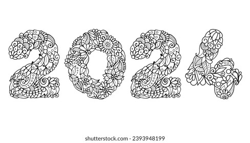 2024 New Year digits in floral doodle style, outline greetings card