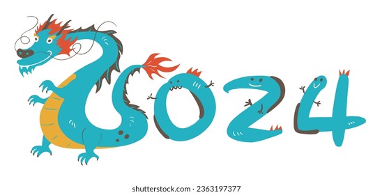 Dragón de año nuevo 2024, año del dragón, dragón chino. Año nuevo chino, personaje de dragón chino tradicional criaturas mitológicas. Signo zodiaco.  Ilustración del Vector de color dibujado a mano.