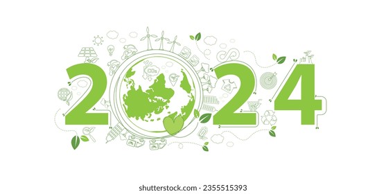 2024 Nuevo año, Eco friendly, Concepto de planificación de la sostenibilidad con íconos del doodle verde del mundo y del mundo sobre el fondo blanco, Ilustración vectorial.