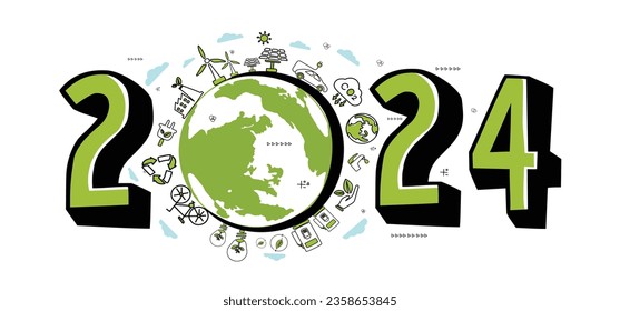 2024 New year, Eco friendly, Sustainability planning concept with globe and World environmental green doodle icons drawing set on white background ,Vector illustration