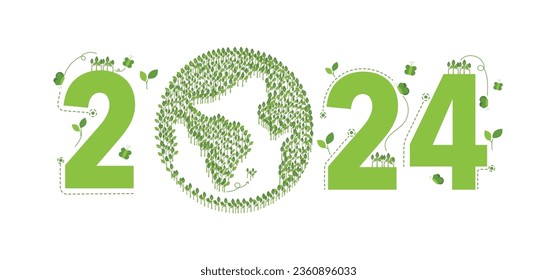 2024 New year, Eco friendly, Sustainability planning concept with globe and World environmental green doodle icons drawing set on white background ,Vector illustration