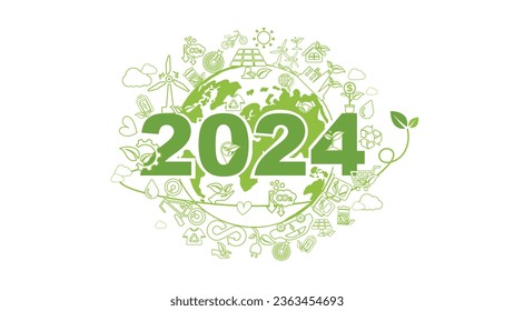 2024 New year, Eco friendly, Sustainability planning concept with globe and World environmental green doodle icons drawing set on white background ,Vector illustration