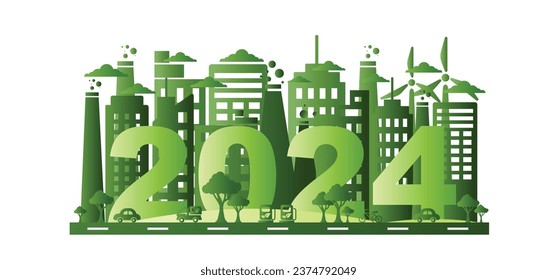 2024 Nuevo año, Eco-friendly, Concepto de planificación de la sostenibilidad con ciudades verdes y el medio ambiente mundial sobre fondo blanco, Vector ilustración.