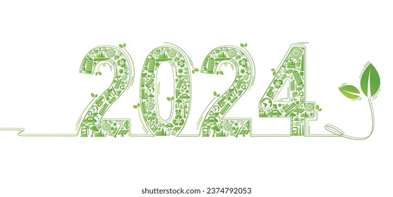 2024 Nuevo año, ecológicamente amigable, concepto de planificación de la sostenibilidad con el dibujo de íconos de doodle verde mundial y mundial sobre fondo blanco ,Ilustración de vector