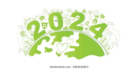 2024 New year, Eco friendly, Sustainability planning concept with globe and World environmental green doodle icons drawing set on white background ,Vector illustration