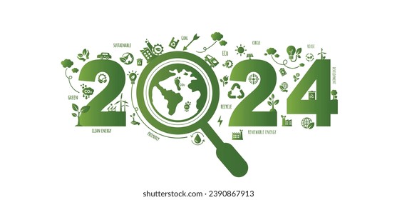 2024 Neujahr, umweltfreundliches, nachhaltiges Planungskonzept mit Globus- und umweltgrünen Doodle-Symbolen auf weißem Hintergrund,Vektorgrafik