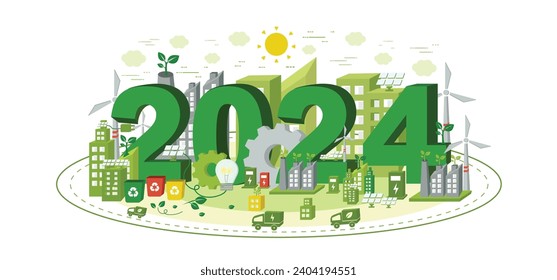 2024 New year, Eco friendly, Sustainability planning concept with globe and World environmental green doodle icons drawing set on white background ,Vector illustration