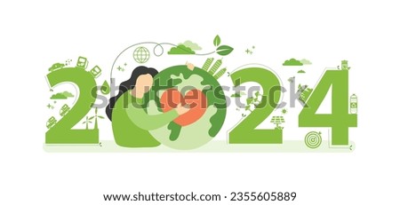 2024 New year, Eco friendly, Sustainability planning concept with globe and World environmental green doodle icons drawing set on white background ,Vector illustration.