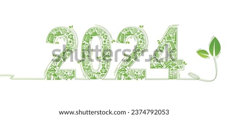 2024 New year, Eco friendly, Sustainability planning concept with globe and World environmental green doodle icons drawing set on white background ,Vector illustration