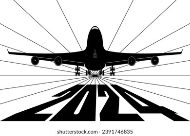 2024, new year, elegant vector illustration, number 2024 logo. The plane takes off in the new 2024	