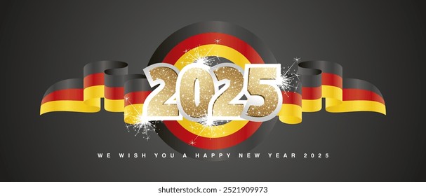 Plantilla de diseño de emblema de año Nuevo 2024 con brillo dorado 2025 frente en la cinta de bandera ondulada roja negra amarilla de Alemania. Vector de diseño premium 2025 con fuegos artificiales de brillo ligero aislados sobre fondo negro