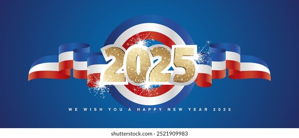 2024 New Year emblem design template with golden glitter 2025 front on France blue white red wavy flag ribbon. 2025 premium design vector with light sparkle firework isolated on blue background