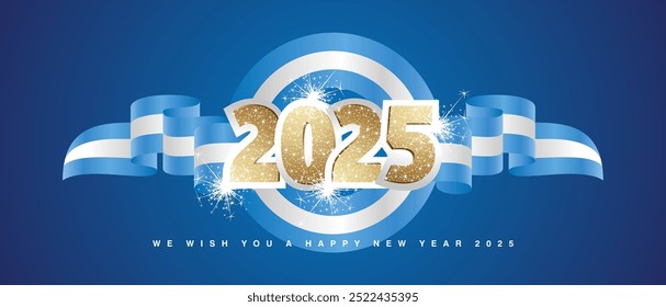 2024 New Year emblem design template with golden glitter 2025 front on Argentina light blue white wavy flag ribbon. 2025 premium design vector with light sparkle firework isolated on blue background