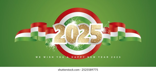 Plantilla de diseño de emblema de año Nuevo 2024 con brillo dorado 2025 frente en cinta de bandera ondulada verde blanco rojo de Hungría. Vector de diseño premium 2025 con fuegos artificiales de brillo ligero aislados sobre fondo verde