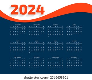 2024 new year english calendar template in wavy style vector