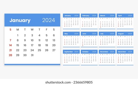 2024 new year english calendar template a office stationery vector