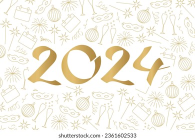 2024 New Year Eve on golden pattern with champagne glasses, fireworks, sparklers, calendar, bauble, carnival mask and confetti- vector illustration