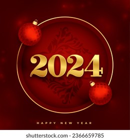 2024 new year eve red background with xmas bauble design vector