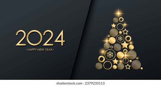 2024 New Year festive holiday banner with golden Christmas tree. Black and gold. Vector illustration.