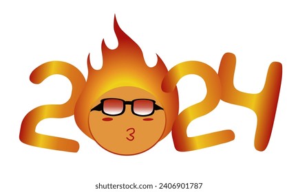 2024 New Year fire numbers for greeting cards, banners or posters vector illustration.  fire numbers templates with glow yellow red effect, sun wearing sunglasses with flame, isolated on white.