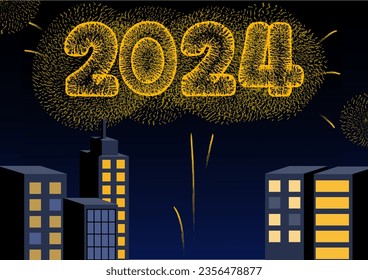  2024 New year fireworks in the city vector. New year celebration illustration for in coming new year topic. Contrast of fire and the dark sky in New year night.