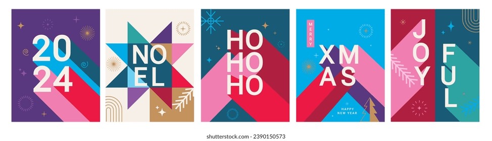 2024 New year flyers, set of Christmas greeting banners with long different colors shadows and geometric patterns.Posters,cards in simple geometric style.Design templates for cover,header,web. Vector