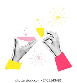 Gafas de champán y fuegos artificiales de Año Nuevo 2024. Elegante patrón de banner vintage. Ilustración vectorial en estilo de collage de medio tono