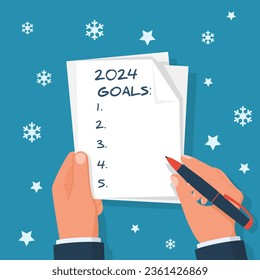 2024 new year goal. Man holds a sheet in hand with a plan for next year. Business motivation with text plan action in notepad. Vector flat design. Isolated on background white stars and snowflakes.