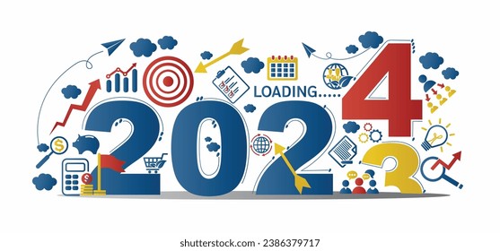 2024 new year goal plan action with target icons, Business plan, financial plan and strategies. Annual plan and development for achieving goal, achievement and success in 2024. Vector illustrator set.