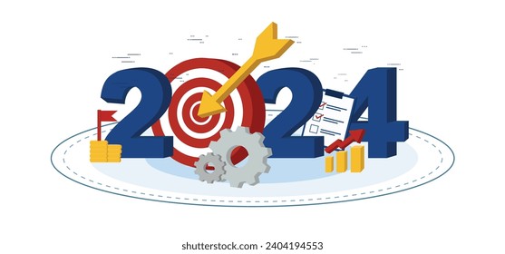 2024 new year goal plan action with target icons, Business plan, financial plan and strategies. Annual plan and development for achieving goal, achievement and success in 2024. Vector illustrator set.