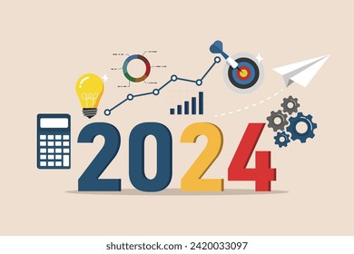 2024 new year goal plan action with target icons, Business plan, financial plan and strategies.