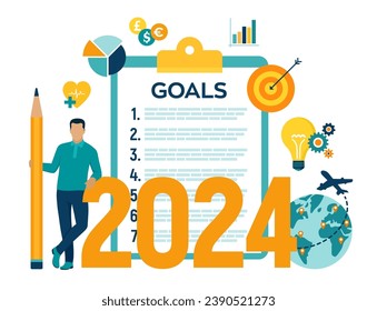 Lista de verificación de los objetivos de Año Nuevo 2024. Objetivo Y Planes Futuros. Lista Para La Próxima Planificación Anual De Año Nuevo Para 2024. Motivación empresarial, concepto de inspiración. Ilustración vectorial con caracteres e iconos.