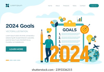 2024 New Year Goals Checklist. Future Goal And Plans. List For Upcoming New Year Making Yearly Planning For 2024. Business motivation,inspiration concept. Vector illustration with character and icons.