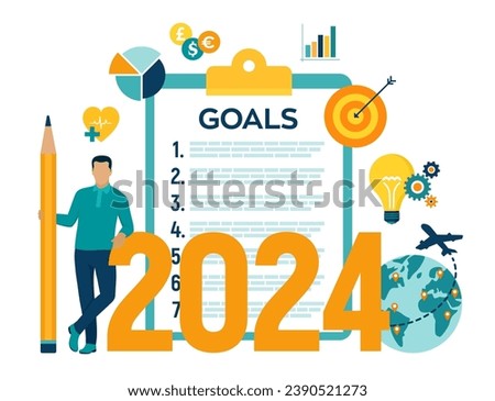 2024 New Year Goals Checklist. Future Goal And Plans. List For Upcoming New Year Making Yearly Planning For 2024. Business motivation,inspiration concept. Vector illustration with character and icons.