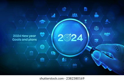 2024 Objetivos y planes para un nuevo año. Plan de actividades y estrategias. Logro de objetivos y éxito en el concepto de 2024 con lupa en mano e íconos de wireframe. Resoluciones, plan, acción, lista de verificación. Vector.